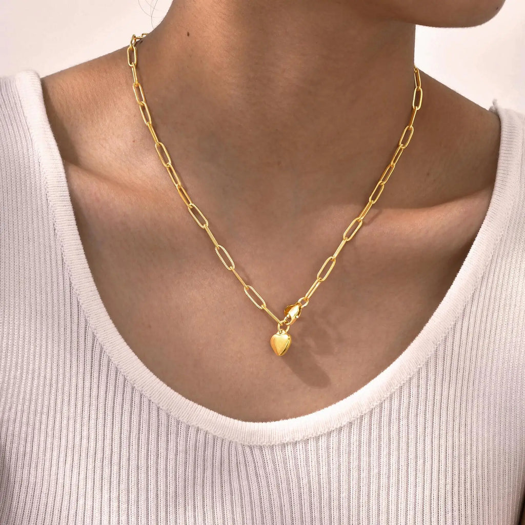 Heart Pendant Necklace – Gold Stainless Steel Paperclip Chain Pendant Necklace SPOT