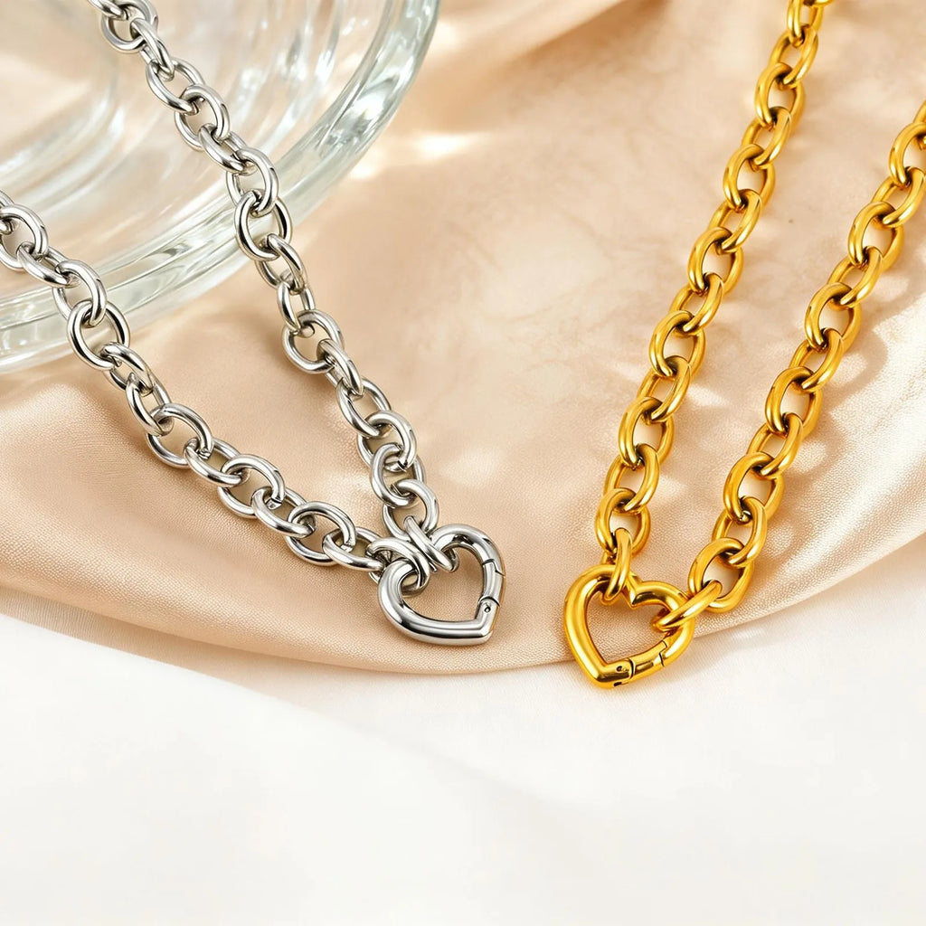 Stainless Steel Heart Clasp Choker – Chunky Curb Chain Necklace Choker Necklace SPOT