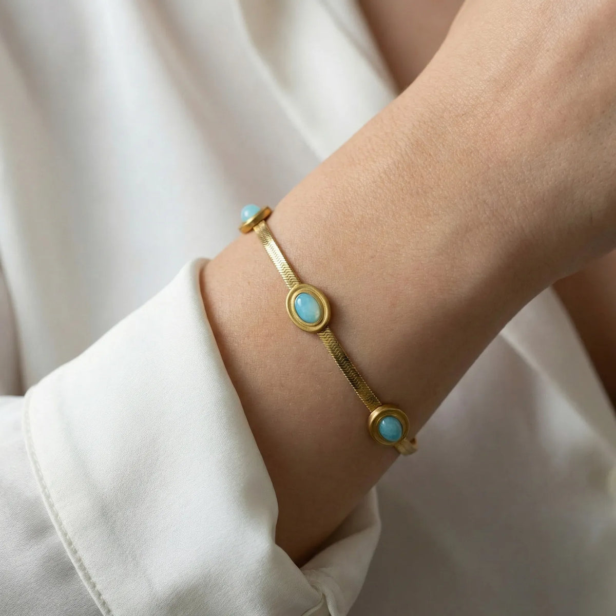Herringbone Bracelet – Stainless Steel & Natural Turquoise Fashion Bracelet SPOT