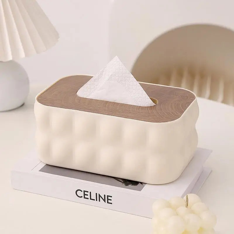 Wave Embossed Tissue Box – Wood Lid Dustproof Napkin Holder Tissue Box Cover SPOT Beige