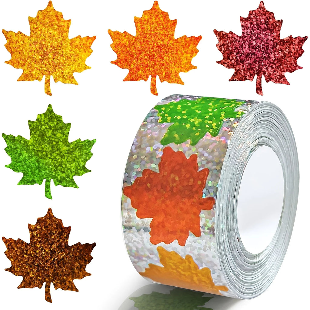 500-Pack Holographic Maple Leaf Stickers – 5 Fall Colors Roll Craft Sticker Roll SPOT 1 roll