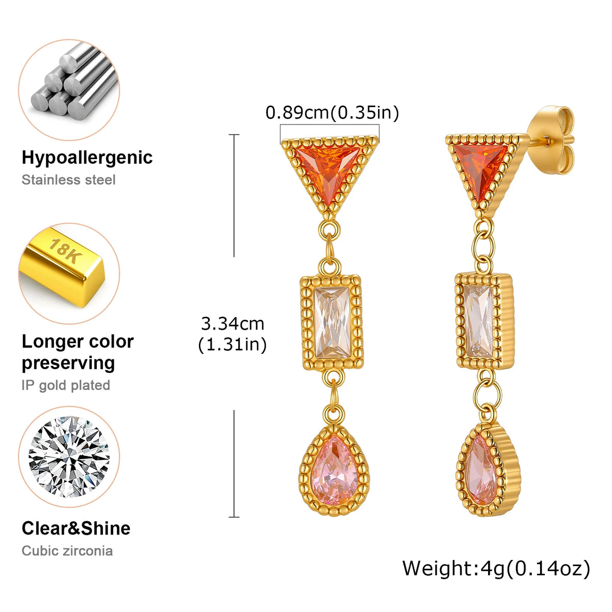 CZ Long Drop Dangle Earrings – Geometric Zirconia Gold Plated Drop Dangle Earrings SPOT