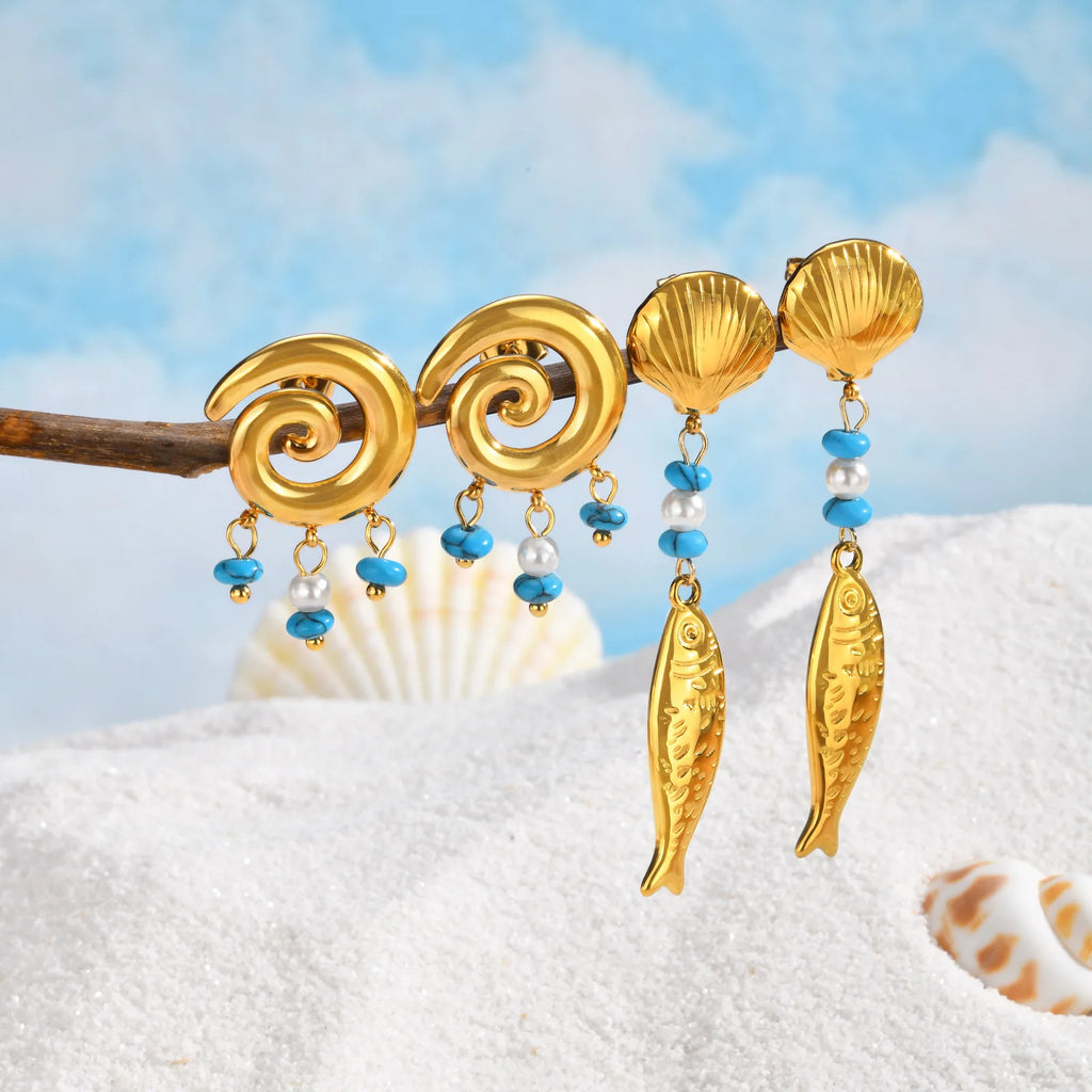 Gold Fish Drop Earrings – Turquoise Pearl Shell | Waterproof Drop Earrings SPOT