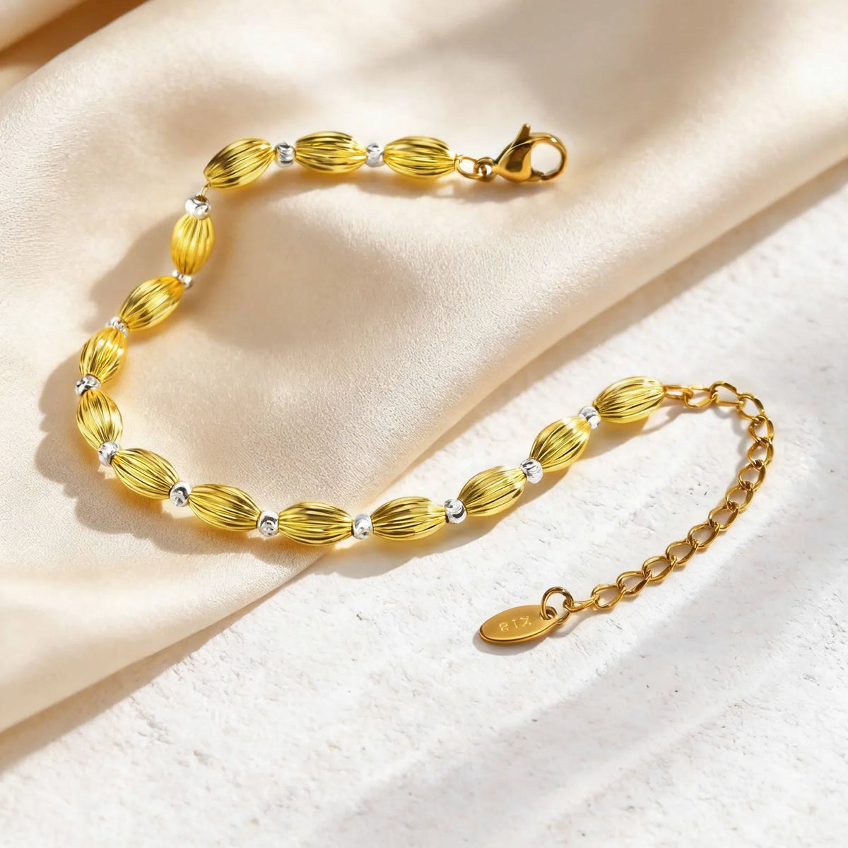 Two-Tone Olive Rice Bead Bracelet – Non-Tarnish Stainless Steel Beaded Bracelet SPOT