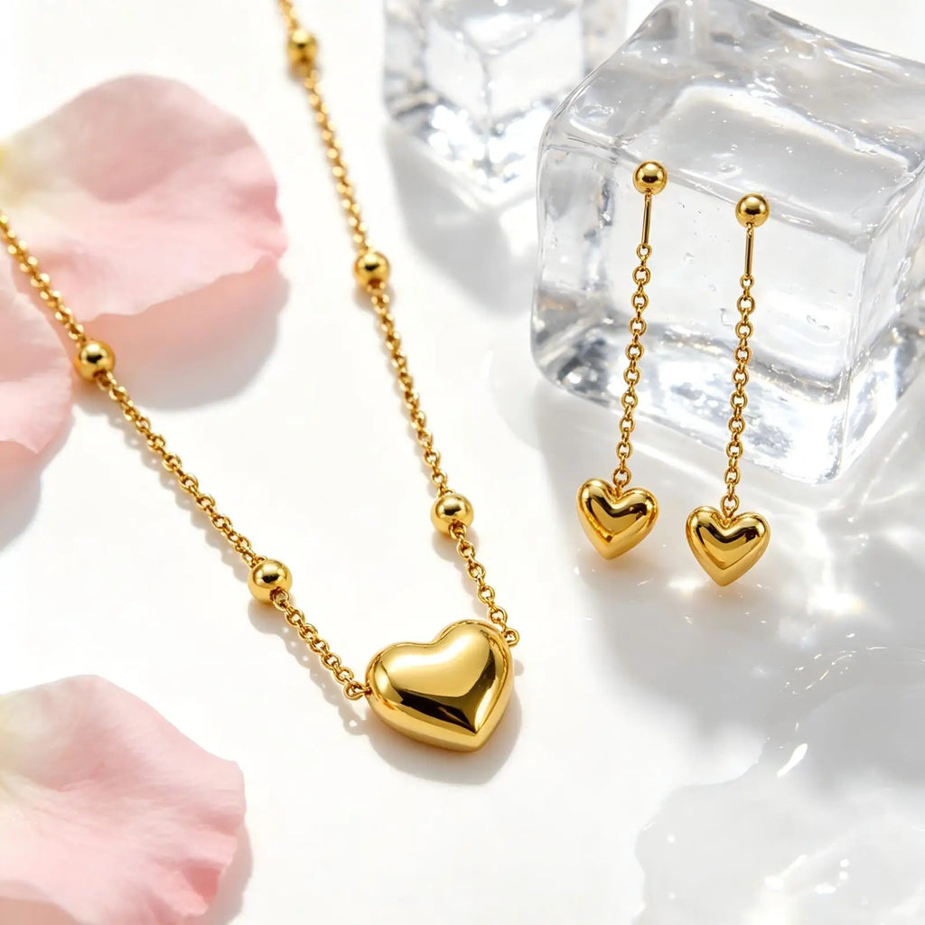 Gold Plated Heart Necklace & Earrings Set – Hypoallergenic Jewelry Set SPOT
