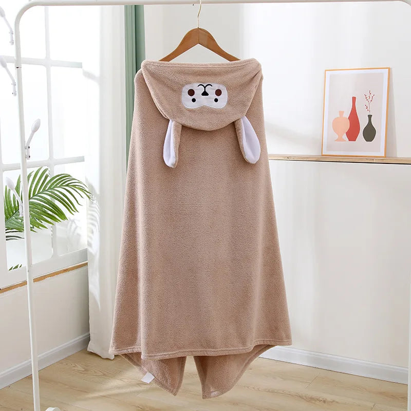 Kids Hooded Bath Towel – Soft Coral Fleece Cartoon Cape Kids Hooded Towel SPOT Brown 70x140CM