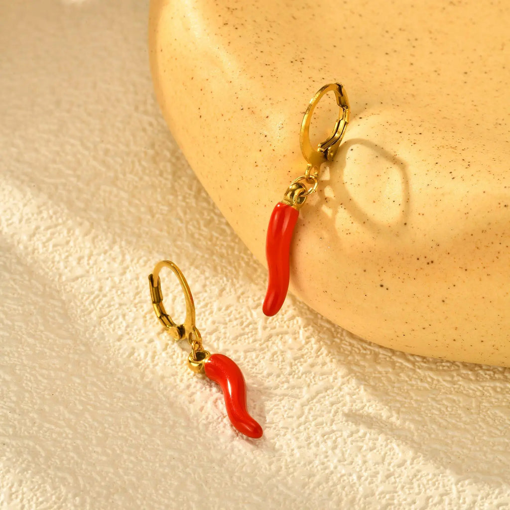 Red Chili Pepper Enamel Drop Earrings – Gold Stainless Steel Drop Dangle Earrings SPOT