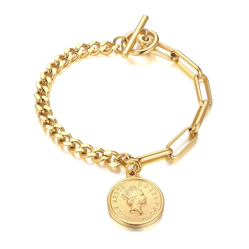 Queen Coin Medallion Chunky Chain Bracelet – Stainless Steel Chain Link Bracelet SPOT gold Bracelet