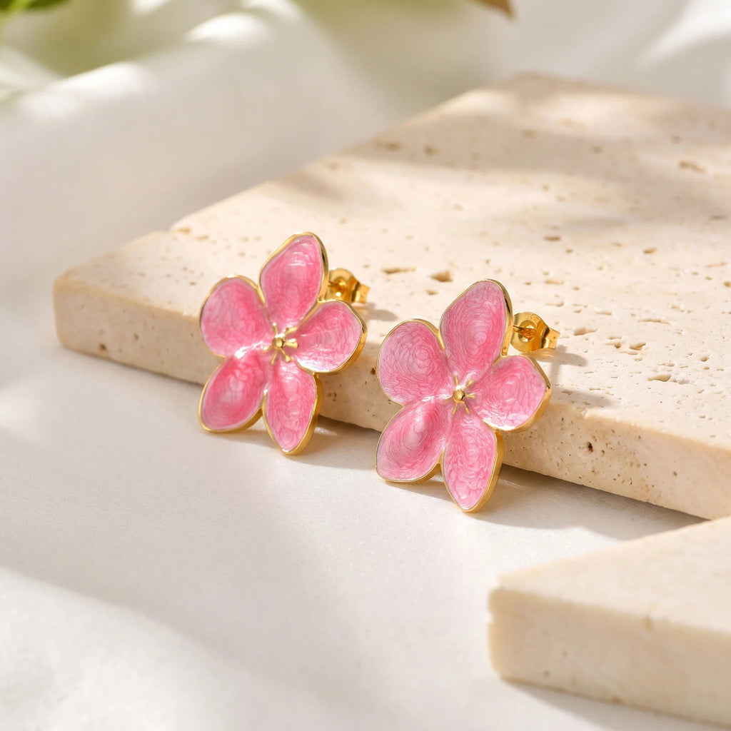 Pink Enamel Stud Earrings – Stainless Steel Floral & Butterfly Stud Earrings SPOT