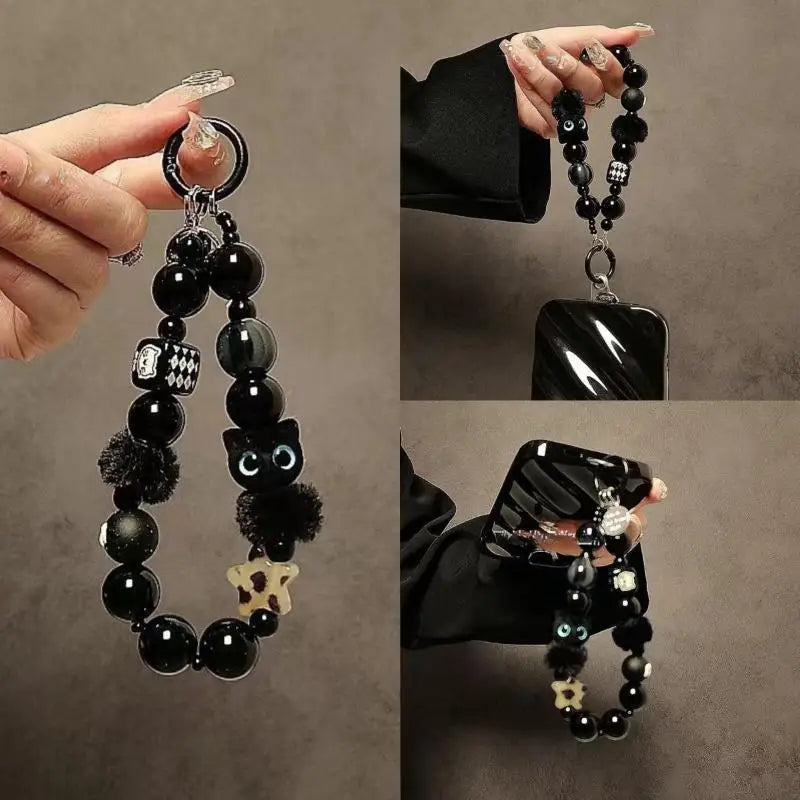 Fluffy Black Cat Phone Wrist Strap – Beaded Chain Lanyard Phone Wrist Strap SPOT Default Title