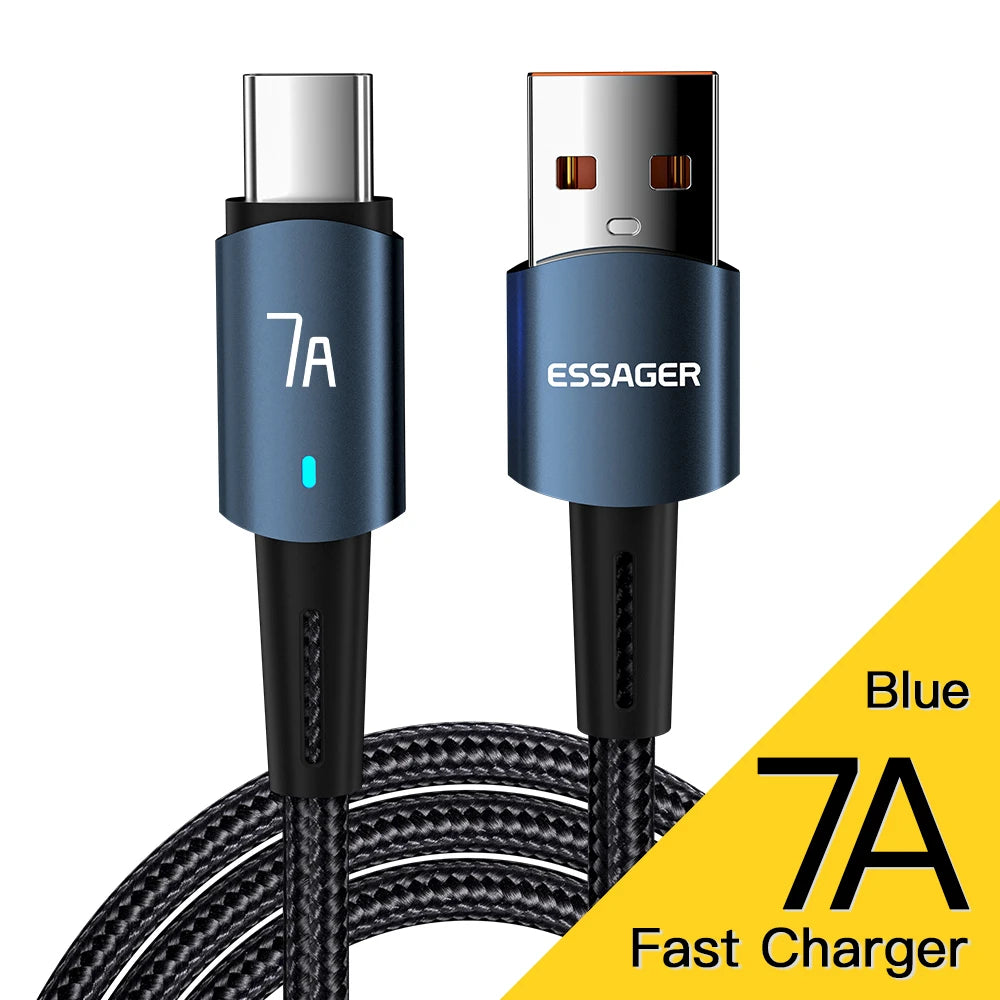 Essager 7A 100W USB-C Fast Charging Cable – Braided Nylon USB-C Charging Cable SPOT Blue 2M