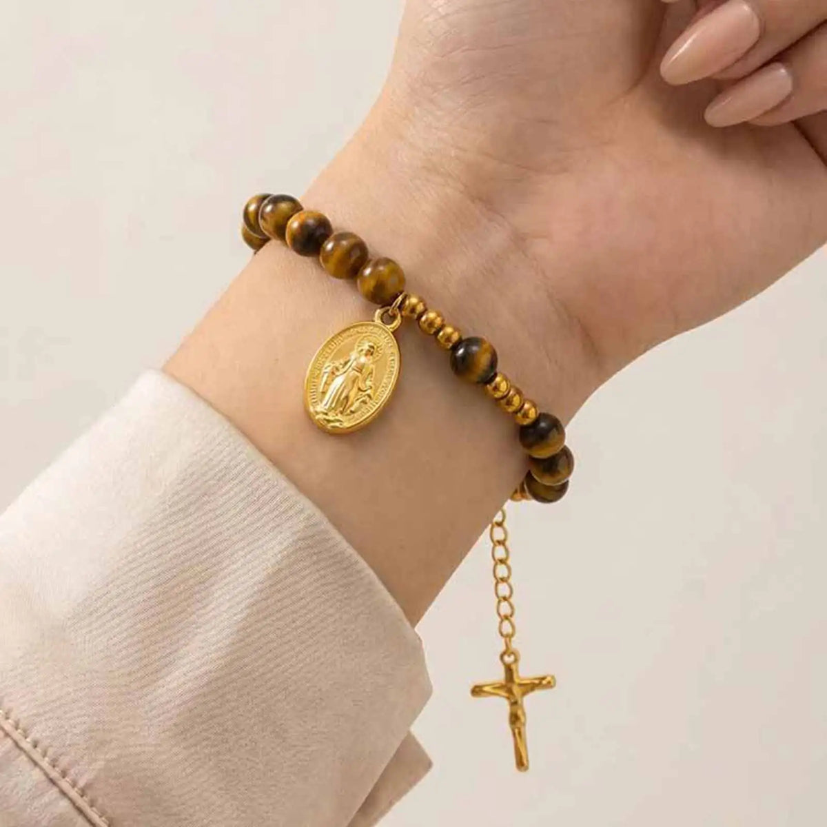 Virgin Mary Cross Rosary Bracelet – Tiger Eye Beaded, Women Religious Beaded Bracelet SPOT Default Title