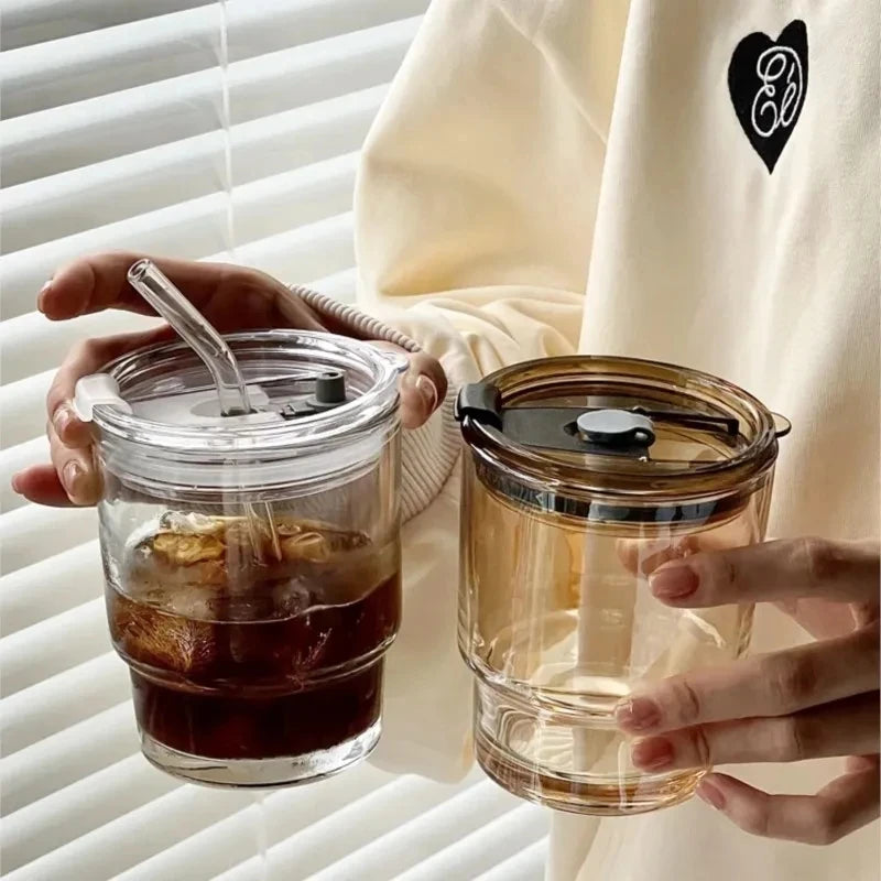 Striped Glass Cup with Lid & Straw – 400/450ml Bubble Tea Mug Glass Cup with Straw SPOT
