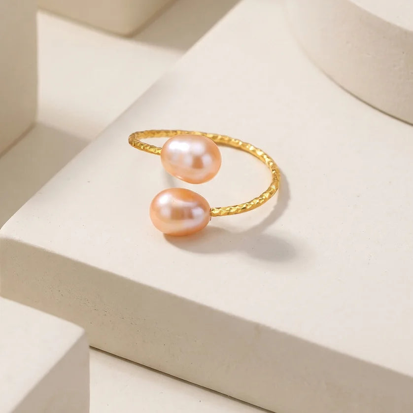 Freshwater Pearl Open Ring – 18K Gold Plated Adjustable Double Layer Pearl Fashion Ring SPOT