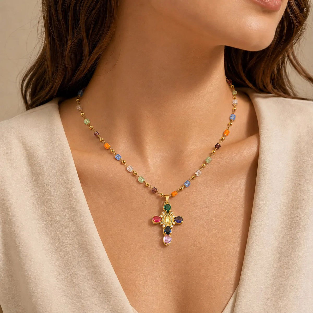 Multicolor CZ Cross Necklace – 18K Gold Plated Stainless Steel Cross Pendant Necklace SPOT