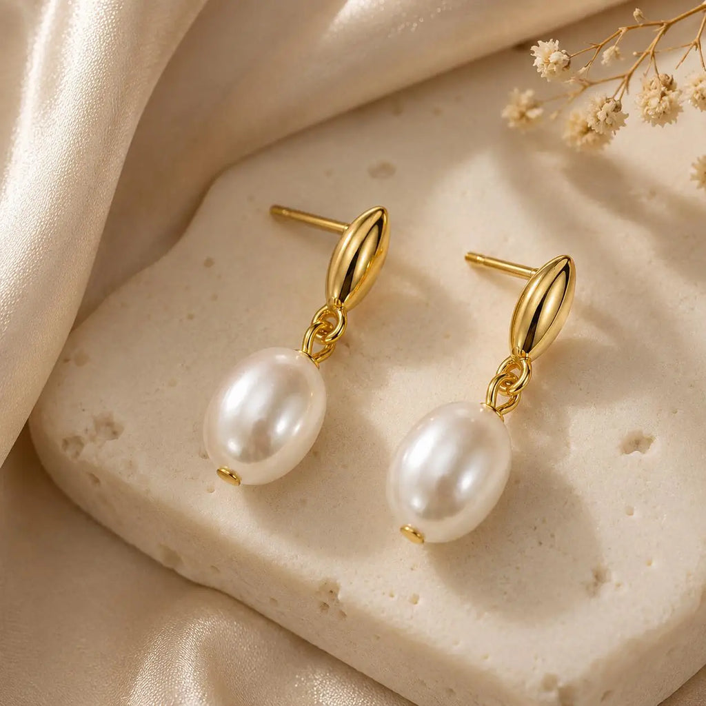 Gold Plated Pearl Drop Earrings – Elegant Teardrop Studs Pearl Drop Earrings SPOT