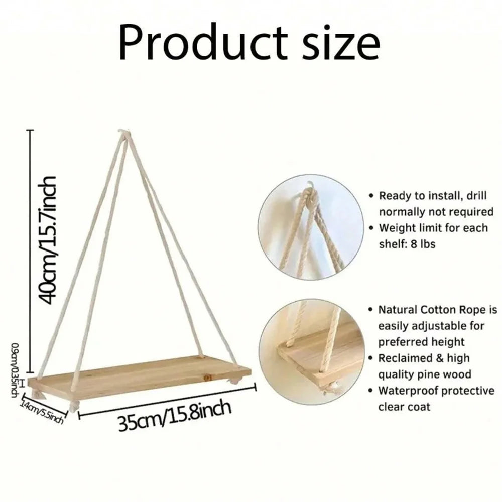 Wood Hanging Shelf Hemp Rope – Floating Wall Plant Tray Floating Wall Shelf SPOT
