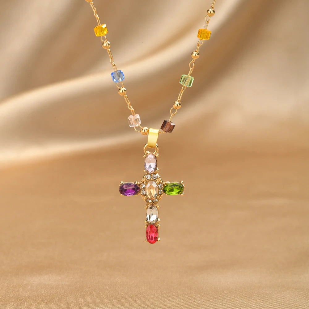 Rainbow Crystal Cross Necklace – Zircon Boho Clavicle Chain Pendant Necklace SPOT Default Title