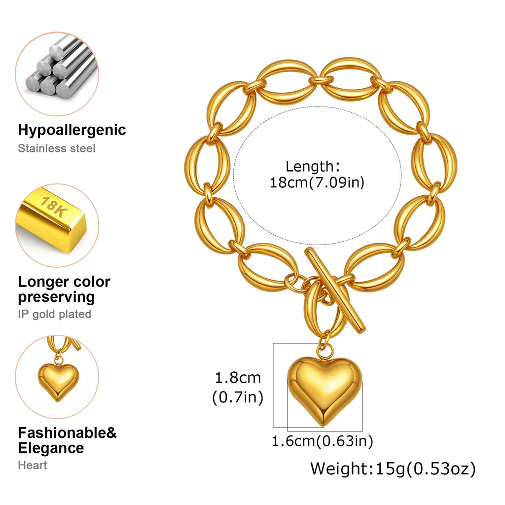 Women's 18K Gold Heart Charm Bracelet – Toggle Clasp Charm Bracelet SPOT