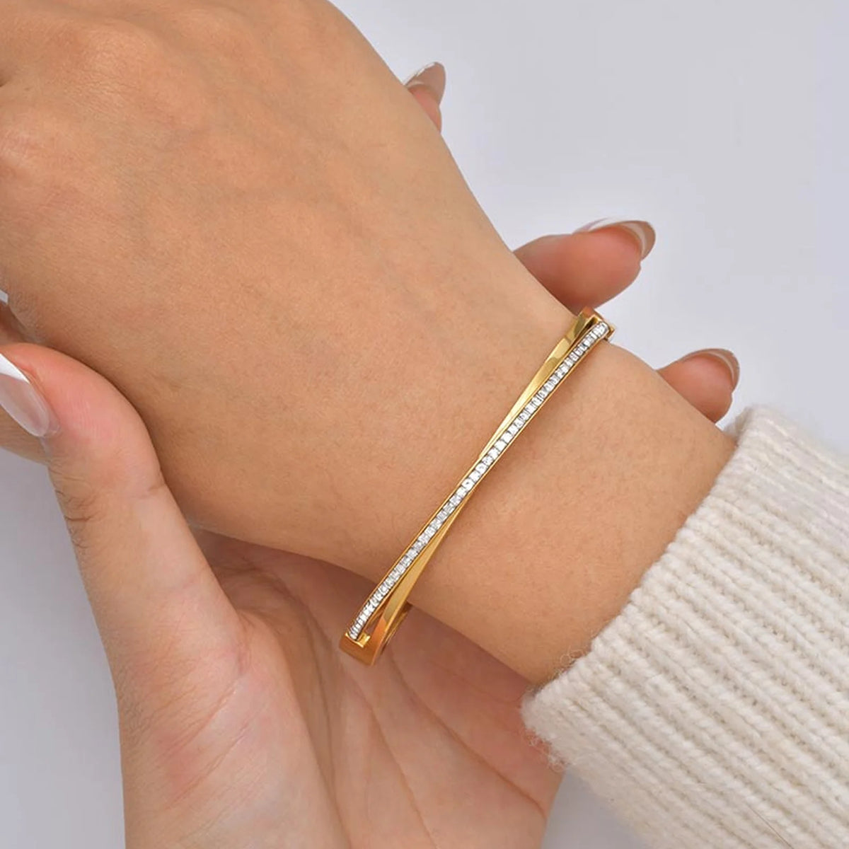 Zircon Crossed Gold Stainless Steel Bangle Bracelet | Women Bangle Bracelet SPOT B-547G