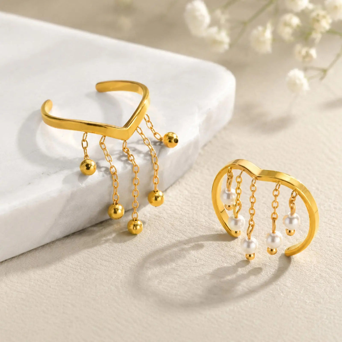 V-Shape Pearl Tassel Drop Ring – 18K Gold Stainless Steel Cocktail Ring SPOT