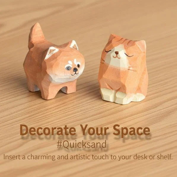 Hand-Carved Basswood Shiba Inu & Cat Figurine | Desk Decor Wood Figurine SPOT