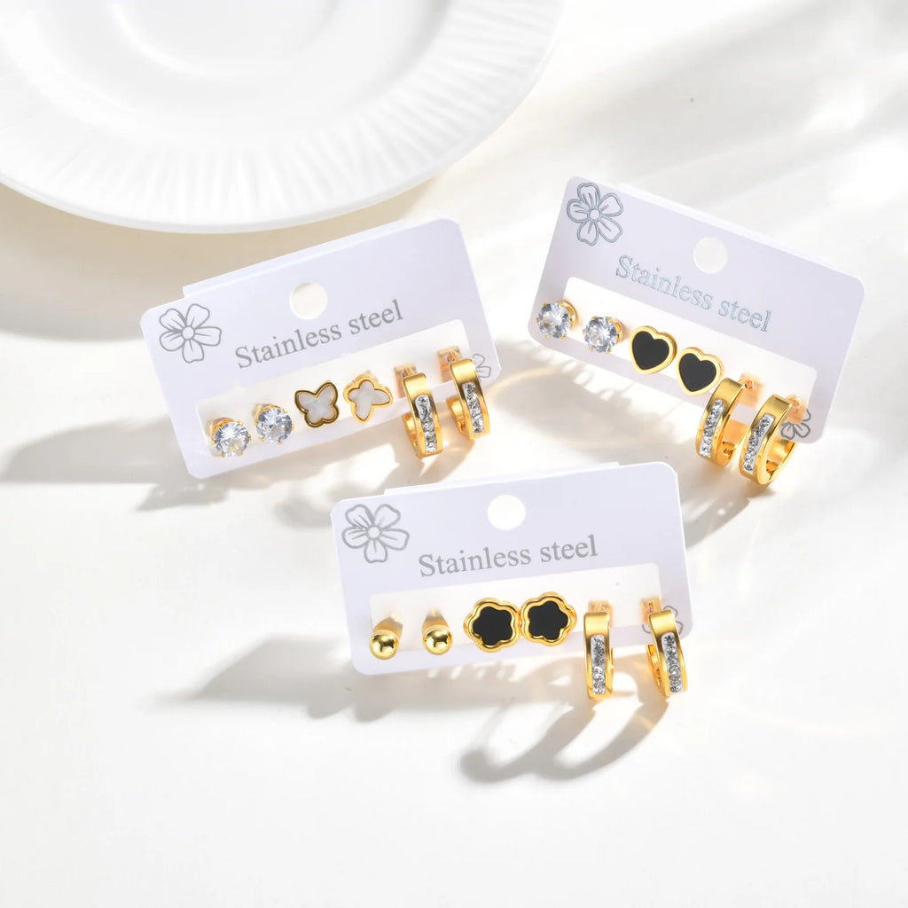 Gold Plated Black Flower Stud & CZ Hoop Earrings Set for Women Earrings Set SPOT