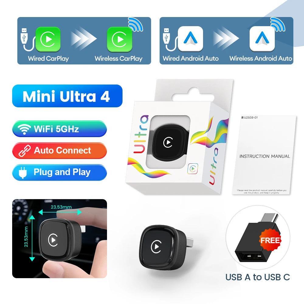 Wireless CarPlay & Android Auto Adapter – Mini Ultra USB Dongle Wireless CarPlay Adapter SPOT Mini ultra 4 wired to wireless