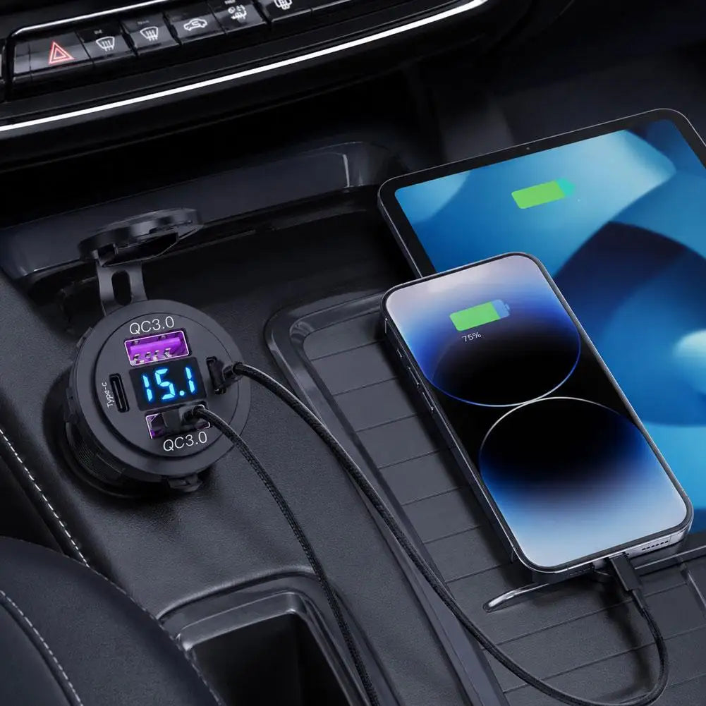 Dual QC3.0 & USB-C Flush Car Charger Socket – LED Voltage Display Car Charger Socket SPOT