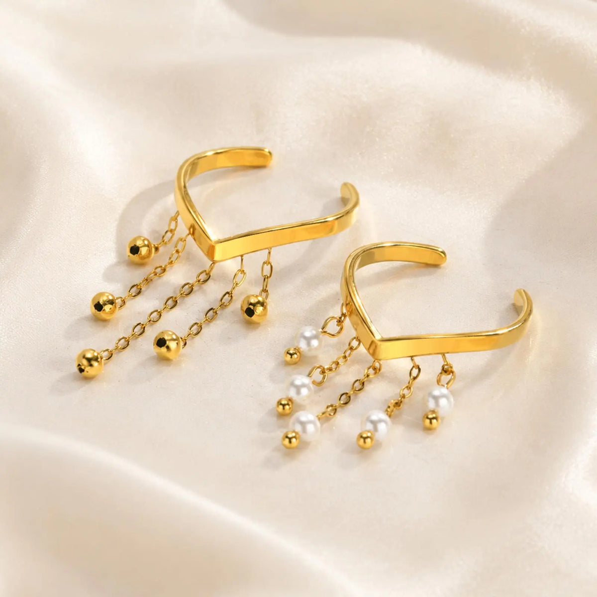 V-Shape Pearl Tassel Drop Ring – 18K Gold Stainless Steel Cocktail Ring SPOT