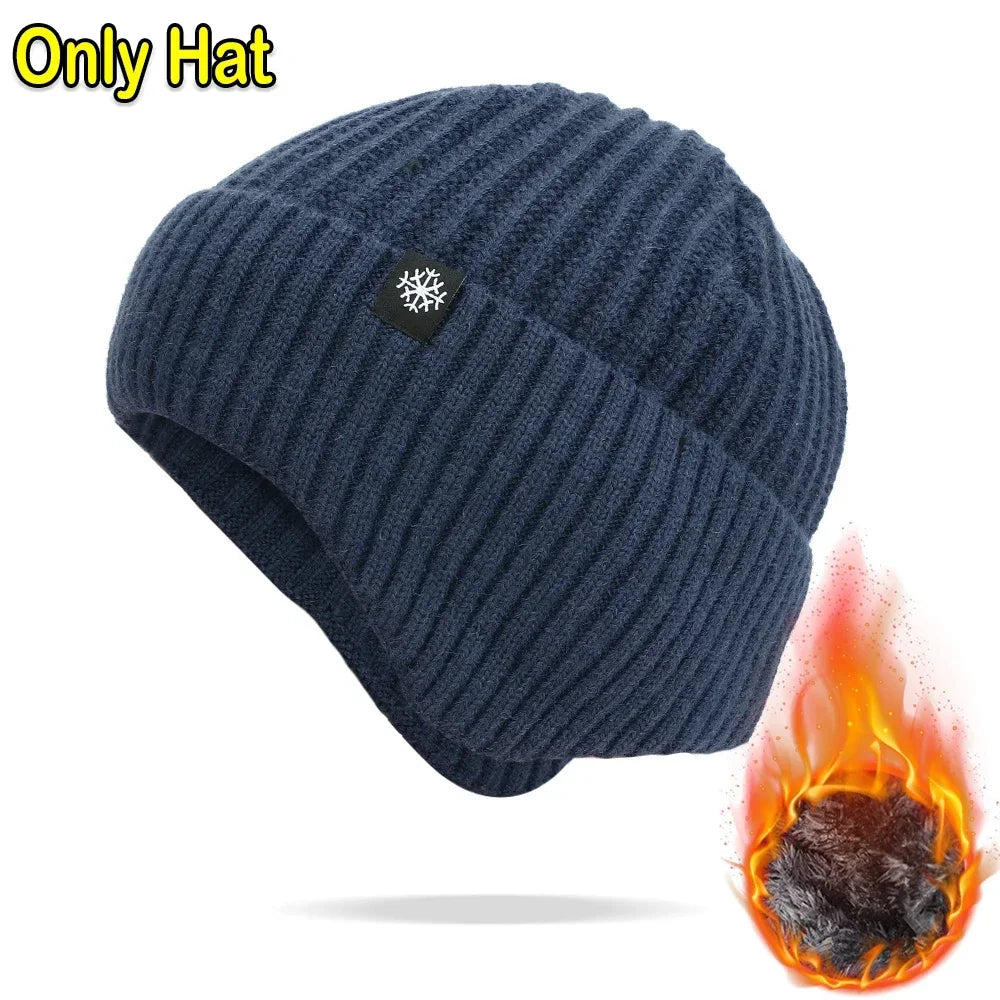 Winter Knitted Hat Velvet Ear Cover – Unisex Cold Weather Cap Winter Knitted Hat SPOT Navy blue