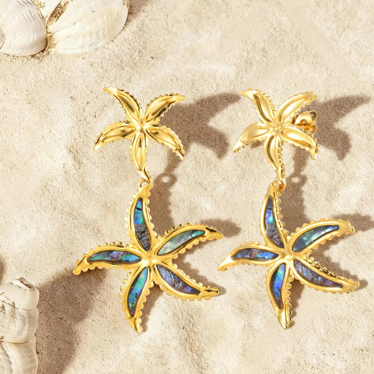 Double Starfish Abalone Shell Drop Earrings | Gold Dangle Drop Dangle Earrings SPOT