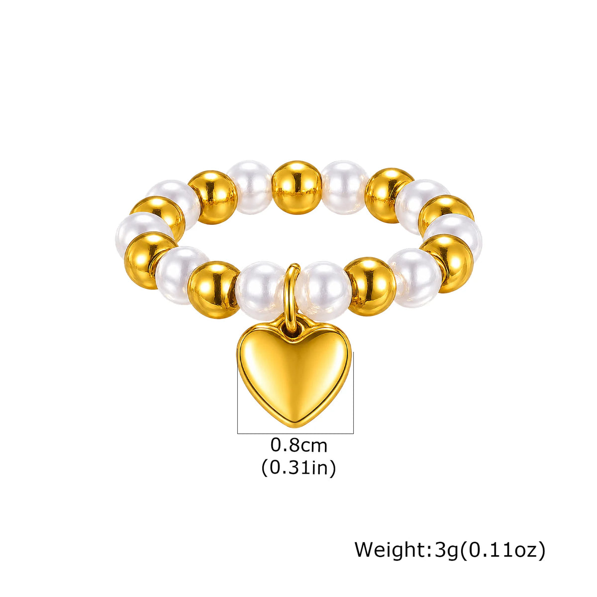 Two-Tone Pearl Heart Charm Ring – 18K Gold Elastic Band Fashion Ring SPOT RC-987G