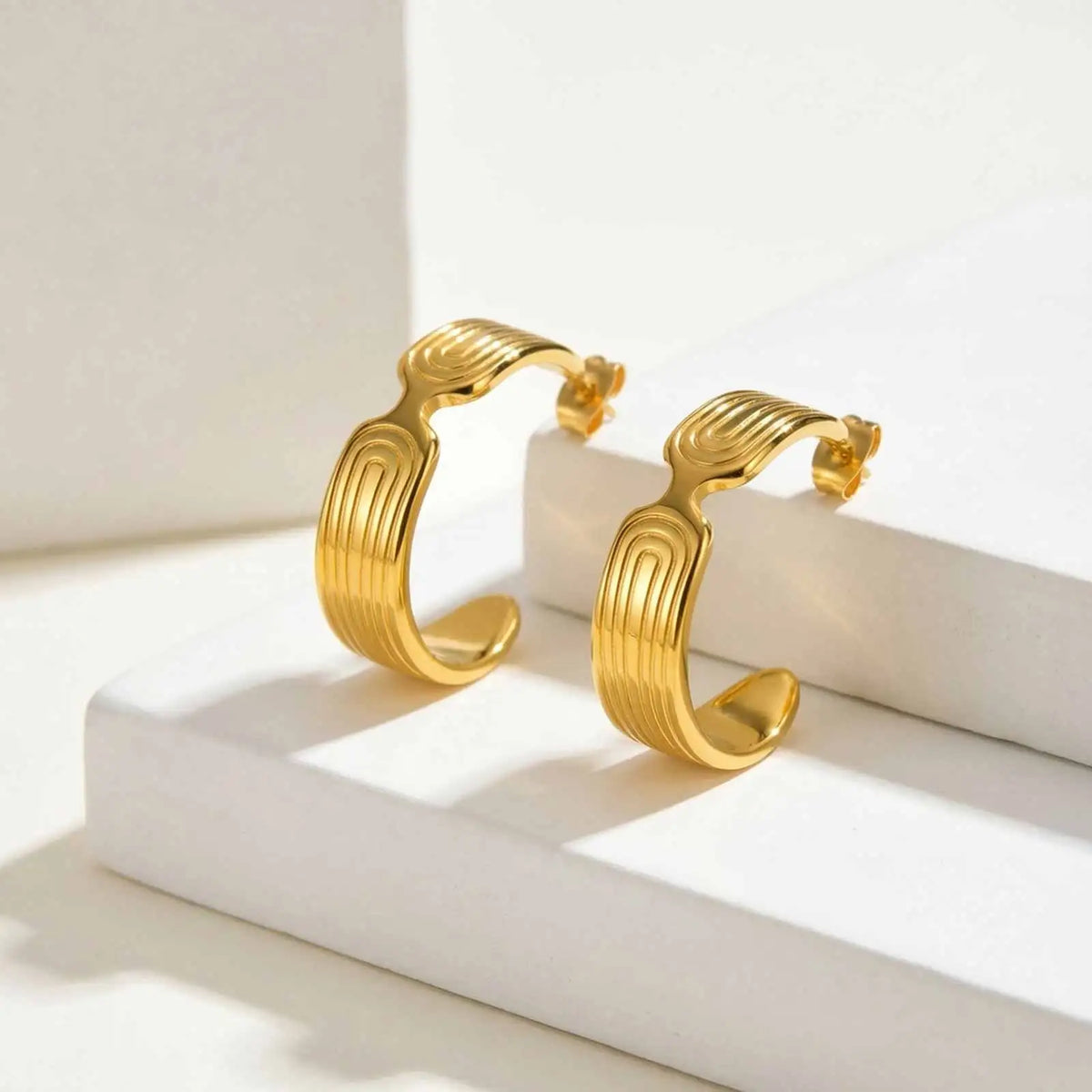 Gold C-Hoop Earrings – Textured Stainless Steel, Hypoallergenic Hoop Earrings SPOT