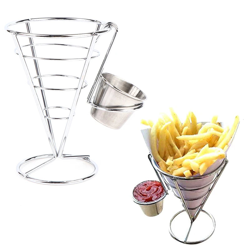 Stainless Steel French Fry Cone Basket Stand with Sauce Cup Fry Serving Basket SPOT