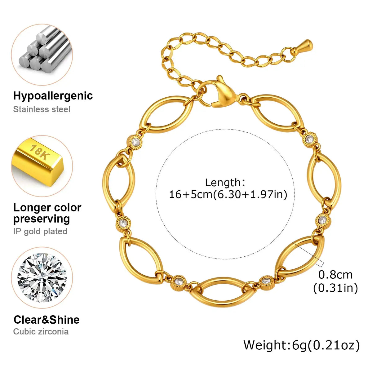 Geometric Link Bracelet | 18K Gold Plated Stainless Steel CZ Link Chain Bracelet SPOT