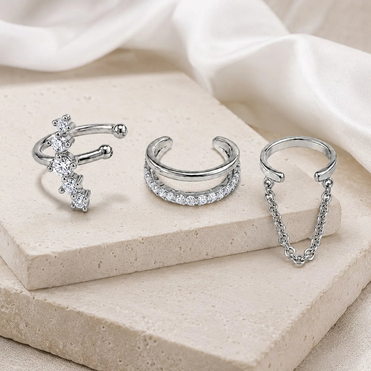 3-Piece Zircon Ear Cuffs with Tassel Chain – No Piercing Ear Cuff Set SPOT