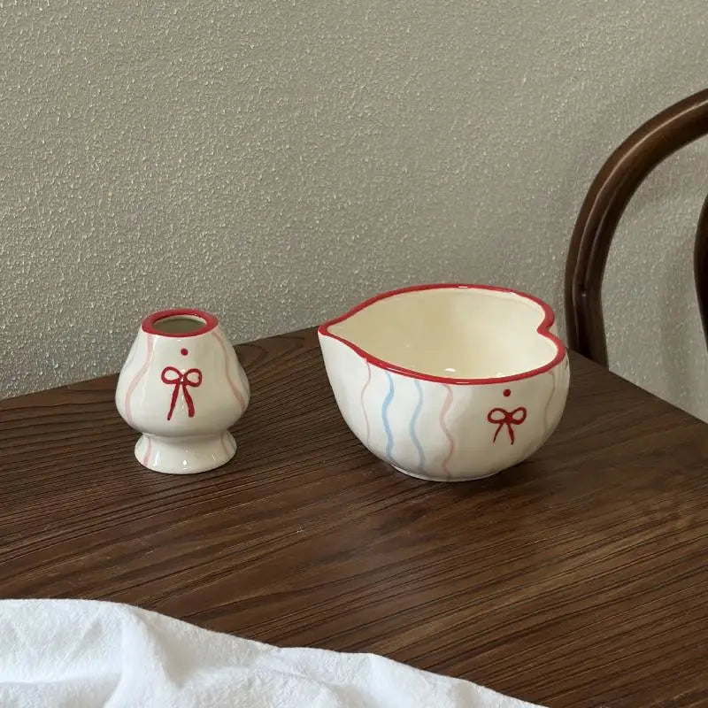 Heart Ceramic Matcha Bowl & Whisk Holder Set – Hand-Painted Ceramic Tea Set SPOT A1