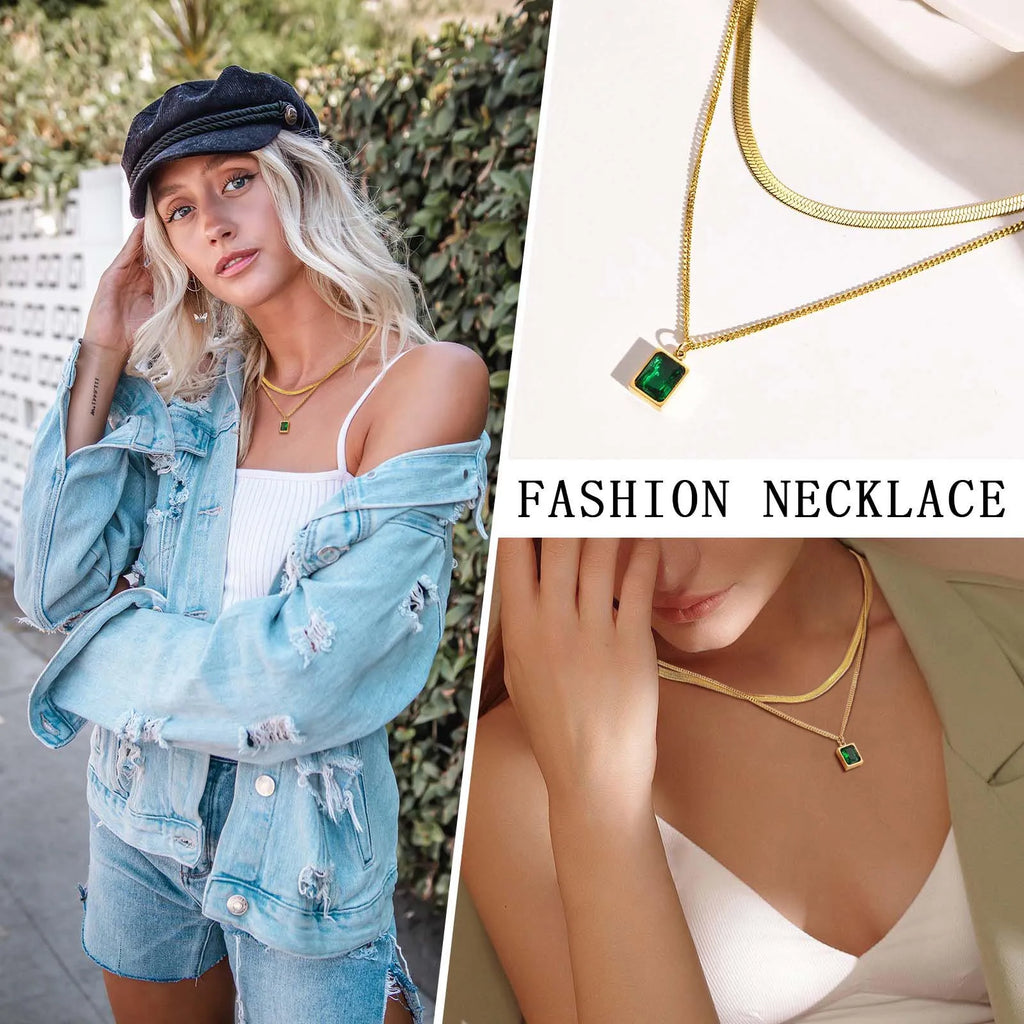 Gold Layering Necklace Set – Green Zirconia & Herringbone Choker Layering Necklace Set SPOT
