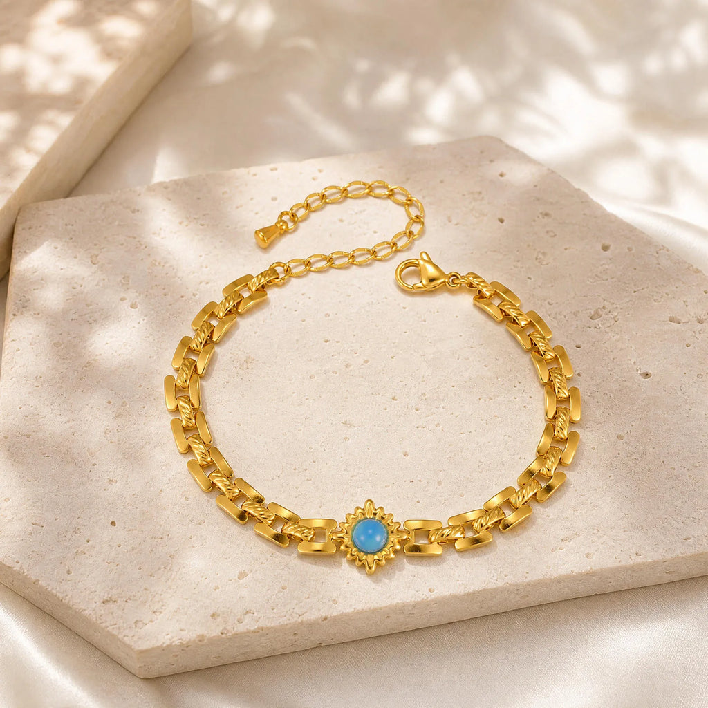 Sun Charm Bracelet – Gold Plated Geometric Bar Link Chain Charm Bracelet SPOT