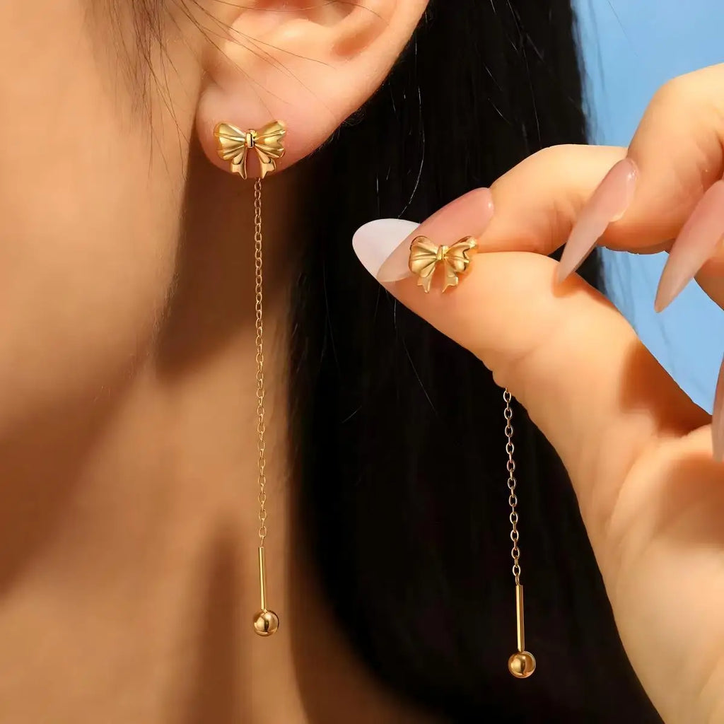 Bow Heart Drop Earrings – 18K Gold Plated Threader Earrings Drop Earrings SPOT