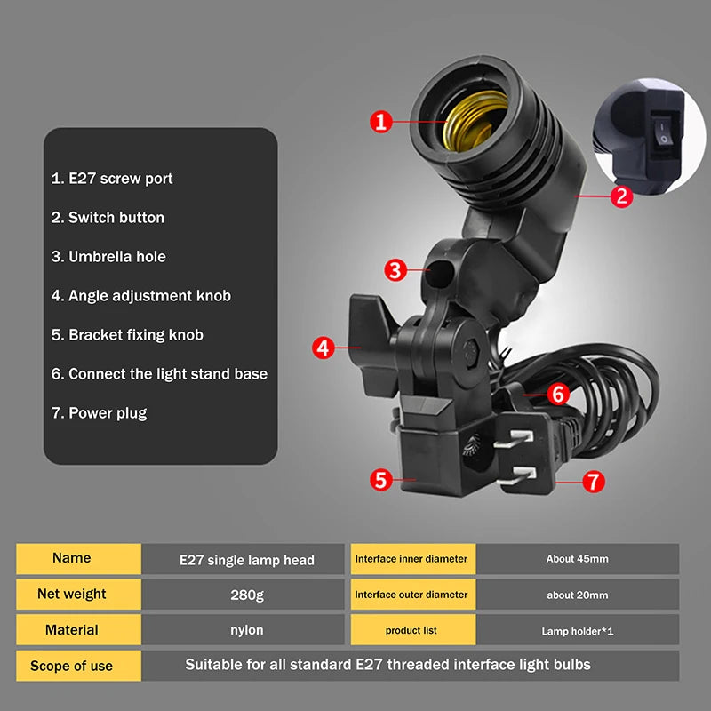 E27 Single Head Bulb Holder Socket – Photography Light Stand Photography Lamp Holder SPOT