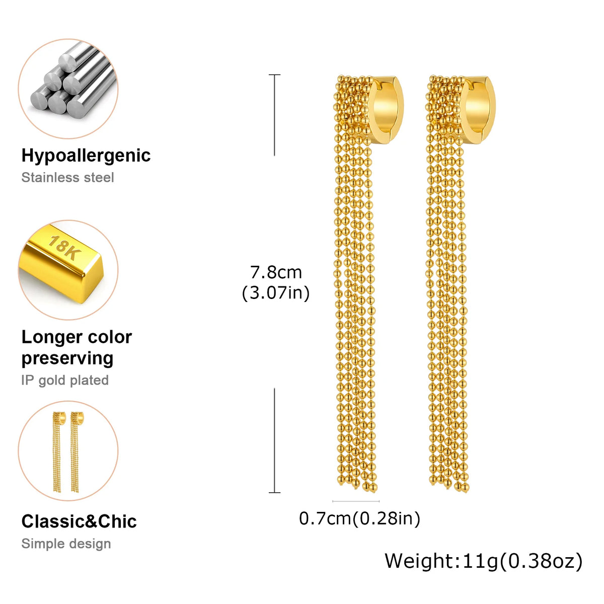 Luxury Long Tassel Drop Earrings – Gold Stainless Steel Tassel Drop Earrings SPOT