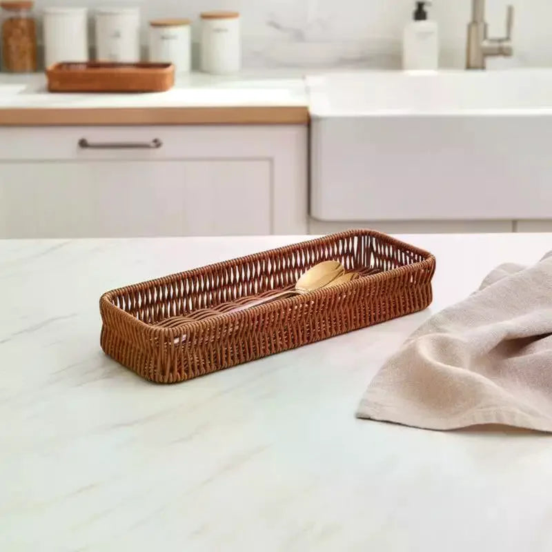 Faux Rattan Woven Storage Basket – Waterproof Serving Tray Woven Storage Basket SPOT