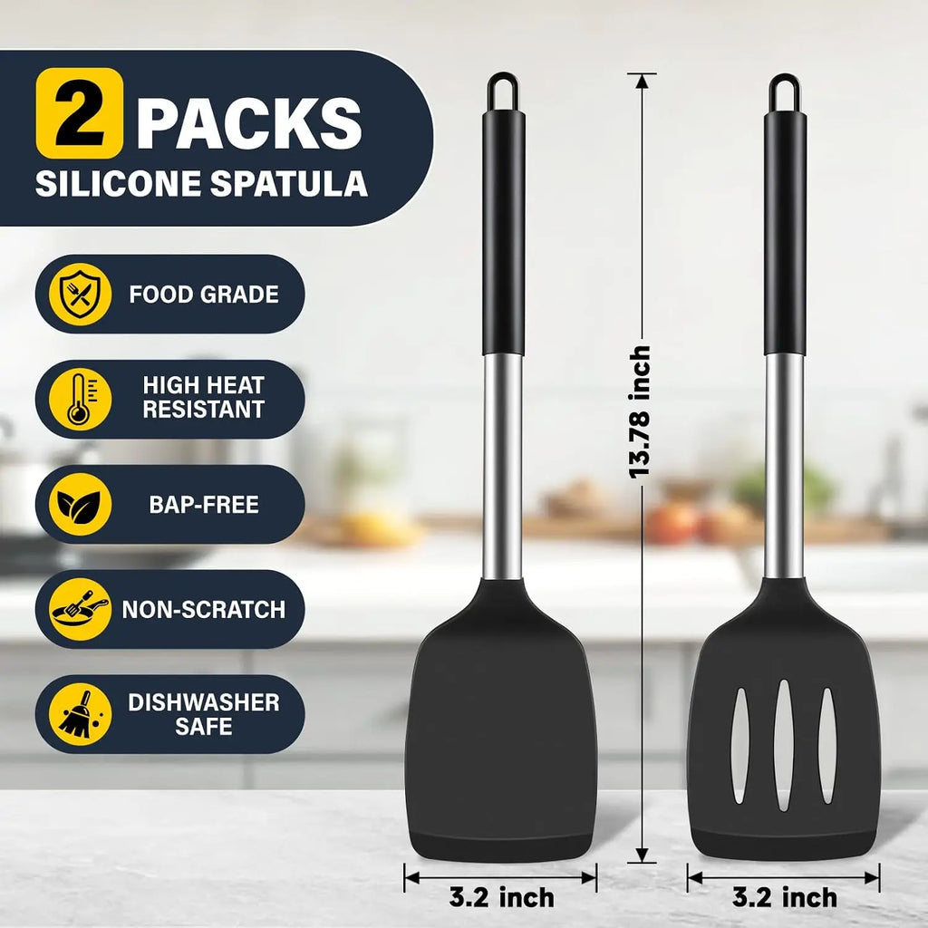 2-Piece Silicone Spatula Set – Solid & Slotted Turner, Steel Handle Silicone Spatula Set SPOT