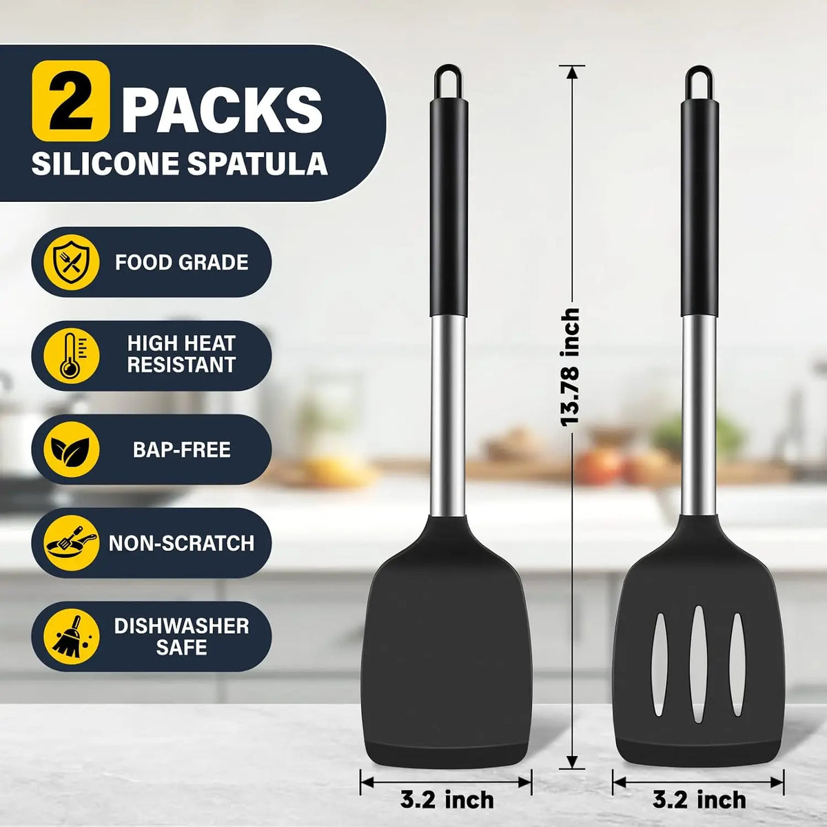 2-Piece Silicone Spatula Set – Solid & Slotted Turner, Steel Handle Silicone Spatula Set SPOT