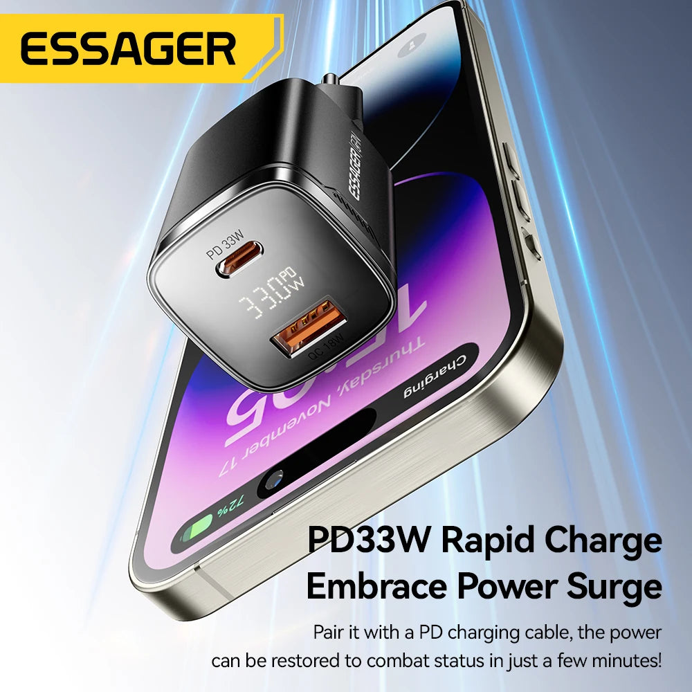 Essager 33W GaN USB-C Charger | Digital Display PD Fast Charging GaN Wall Charger SPOT