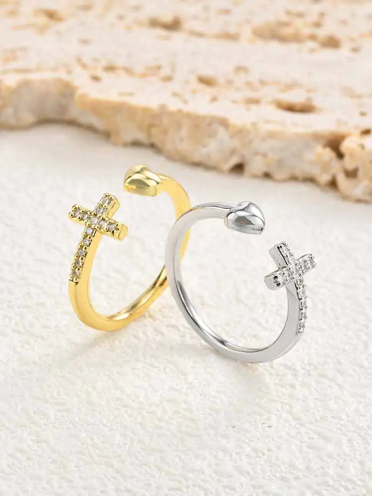 18K Gold Plated Heart Cross Ring – CZ Adjustable Open Band Fashion Ring SPOT