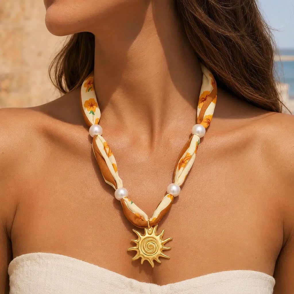 Vintage Silk Ribbon Necklace – 18K Gold Sunburst Pendant Pendant Necklace SPOT Default Title