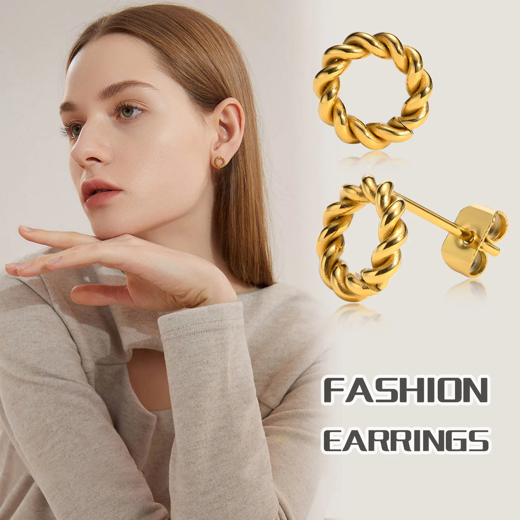 Meaeguet Circle Twist Hoop Stud Earrings – Gold Stainless Steel Stud Earrings SPOT